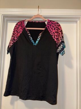 Women's Black V-Neck Top with Pink & Blue Leopard Sleeves